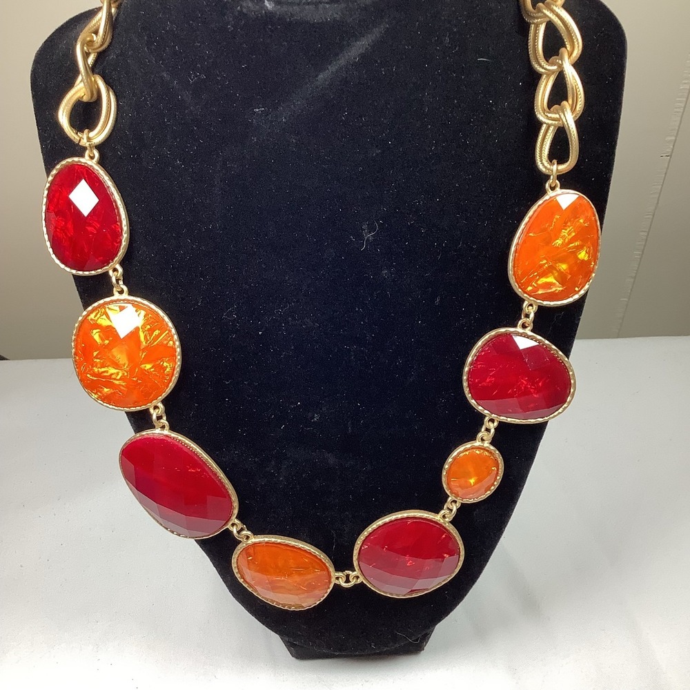 Red‎ Orange Faceted Stone Gold Tone Bib Statement Necklace Chunky